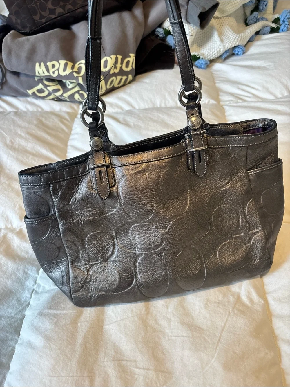 Coach Metallic Gunmetal Pebbled Signature Tote